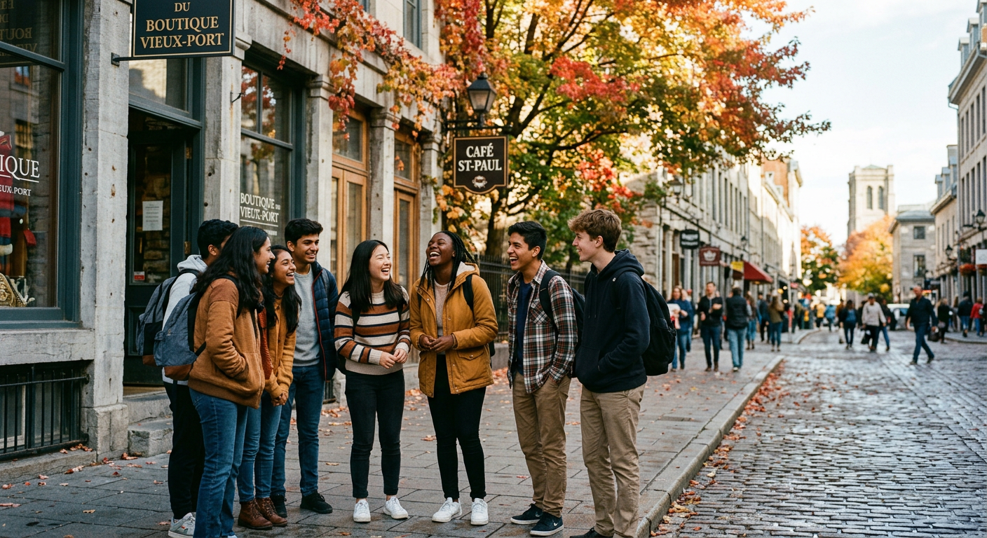 International exchange students laughing together on an autumn street in Montréal