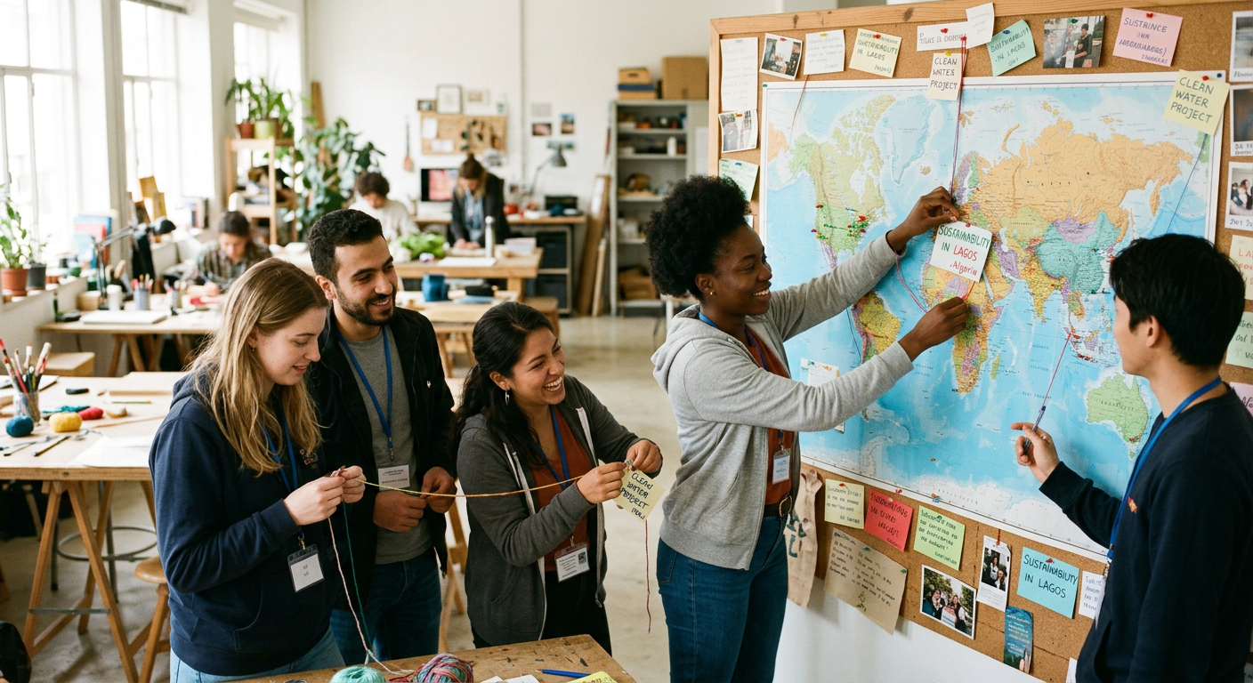 Volunteers and students from different cultures working together around a world map